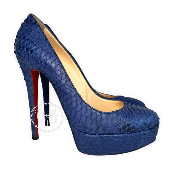 Christian Louboutin Blue Python Bianca Platform Pumps Size 37.5 Snakeskin Snake - Picture 1 of 12